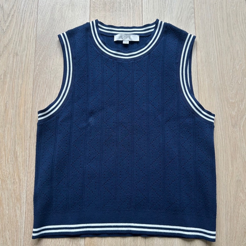 Loft Sleeveless Sweater Vest Large Navy Blue Knit Striped White Trim Tennis Prep